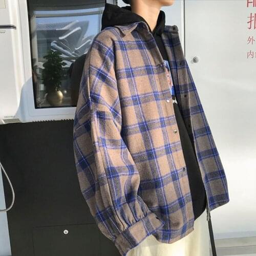 Spring and autumn new leisure plus size gangtzi art coat loose matte Plaid long sleeve shirt for men