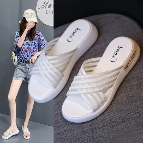 2021 Summer Womens Leisure Platform Slippers Mesh Cross Tied Flat Slip on Sandals Beach Shoes