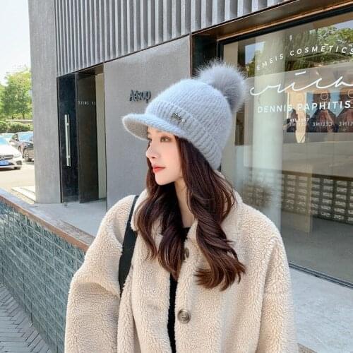 Fashion Women Winter Korean Rabbit Fur Knitted Hat Cycling Cold Protection Solid Color Knitted Peaked Cap