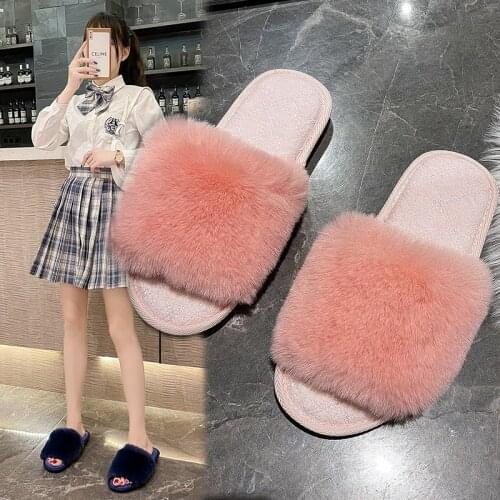 Fur Slippers Women Real Fox Fur Slides Home Furry Flat Sandals Female Cute Fluffy House Shoes Woman Brand Luxury 2021 Fur Slides