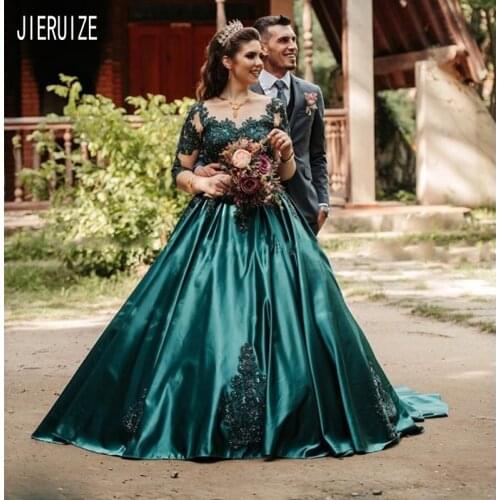 JIERUIZE Luxury Dark Green Wedding Dresses Sheer Scoop Neck Illusion Long Sleeve Appliques Lace Up Bridal Gowns vestido de noiva