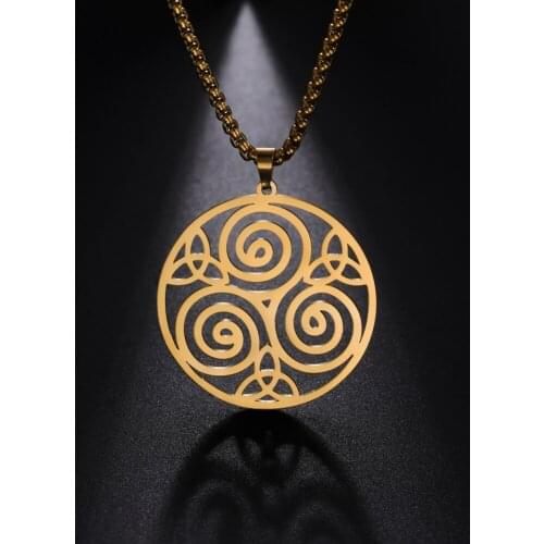 Triqueta Triple Spiral Pendant Necklace for Men Stainless Steel Necklaces Viking Jewelry Wicca Amulet Accessories Box Chain