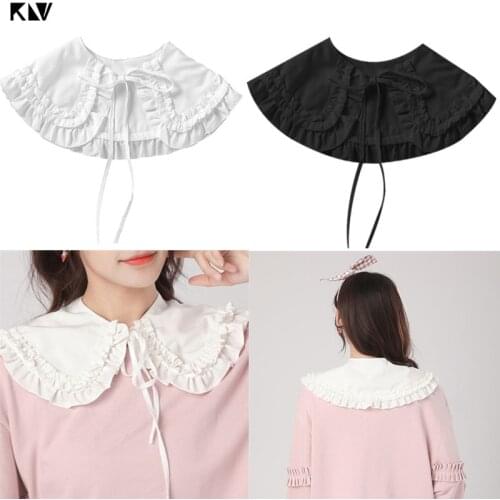Japanese Womens Lolita Doll Double Layer Ruffles Fake Collar Shoulder Wrap Solid Color Ribbon Bowknot Bottoming Shirt Shawl Cape