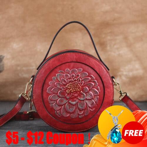 CGA Women Leather Circular Mini Handbags Shoulder Messenger Bags Floral Female Real Cowhide Embossed Small Tote Crossbody Bag