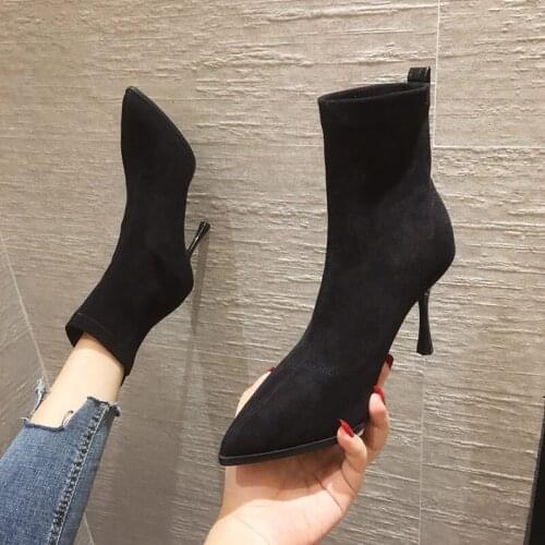 Womens slim-heeled ankle boot 2020 autumn winter new low barrel web celebrity lean lean boot high-heeled elastic boot