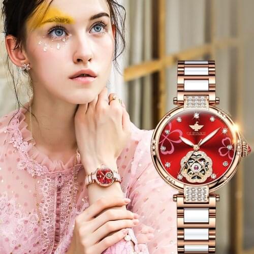 Womens designer watches luxury watch brand OUPINKE Mechanical Fashion ceramic automatic waterproof diamond watch Bracelet set