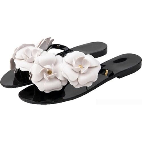 New Summer Women Slippers Camellia Shoes Flat Bottom Jelly Flip-Flops Flip Flops Ms Anti-slip Flowers Beach Sandals