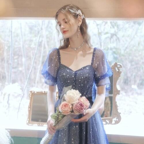 Women Square Neck Blue Fairy Prom Dresses Sexy Backless Long A-line Tulle Dress Formal Party Evening Gowns Bride Toast Clothing