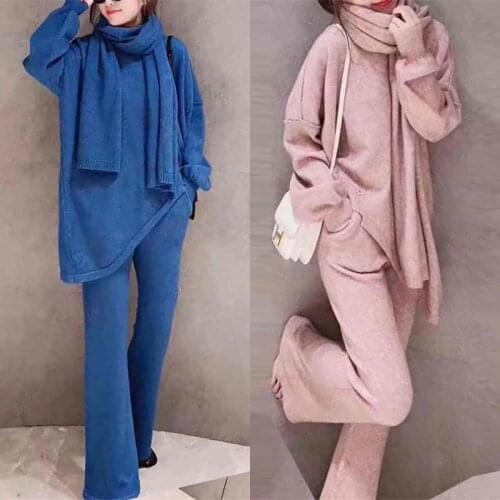 Womens O-neck Elastic Waist Knitted Suit Scarf And Thick Loose Sweater Wide-leg Pants Fashion Three-piece 2020 Autumn Winter