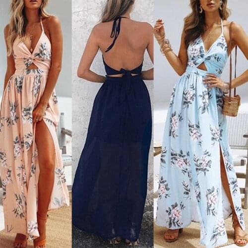 Women Boho Maxi Long Sexy Dress 2021 New Summer Casual Evening Party Beach Dresses Sundress Floral Halter Summer Dress for Party