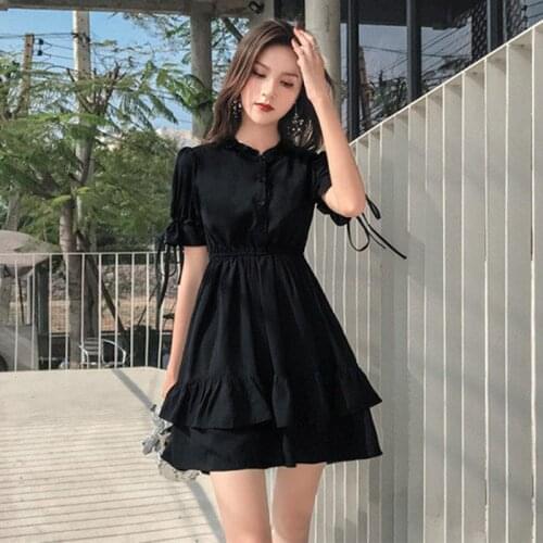Japanese Lolita Style Women Princess Black Mini Dress 2021 Summer High Waist Gothic Dress Short Sleeve Ruffle Party Dresses