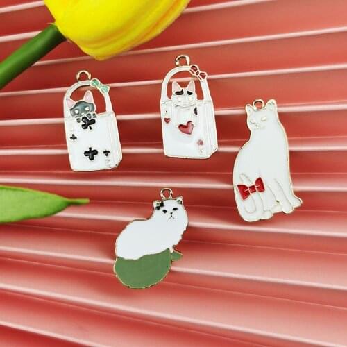 10pcs/pack Kawaii Poker Cat Bow Cats Enamel Charms Cartoon Animal Metal Pendants Handmade Craft Earring DIY Jewelry Making Gifts