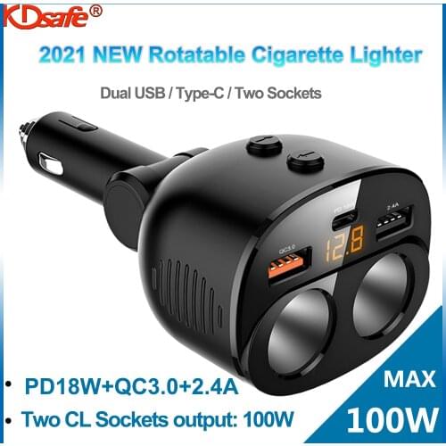 KDsafe Car Charger Cigarette Lighter Rotatable PD18W QC3.0 2.4A USBFast Charger Splitter Adapter Socket For Phone Tablet DVR MP3