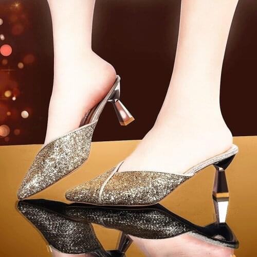 Bling Gold Slippers Women Slides Ladies Stiletto Shoes Pointed Toe Flip Flops Zapatillas Mujer Casa Sapatos Femininos