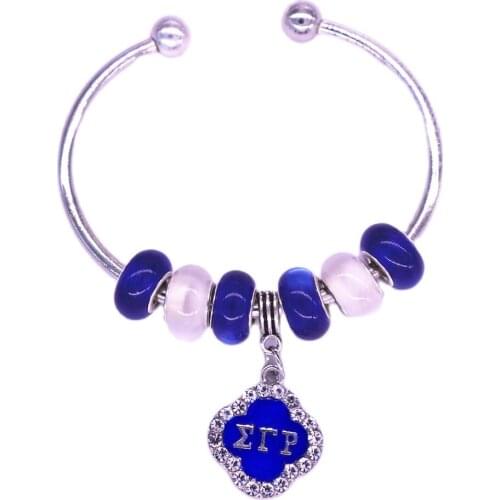 White Blue Beaded Greek Letter Sigma Gamma Charm Bangles SGR Sign Cuff Bracelets