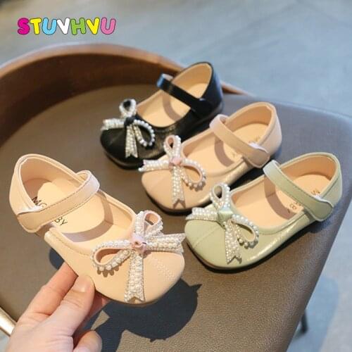 Leather Kids Shoes Girls Pearl Bow Princess Shoes 2021 Spring and Autumn New Soft Sole Comfortable Toddler Girls Shoes Flats