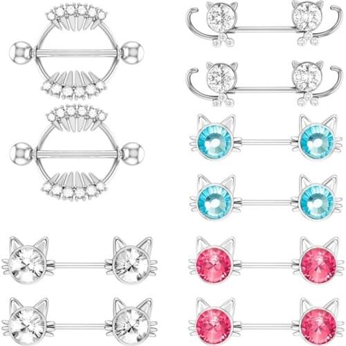 1Pair Cat Nipple Ring for Women Surgical Steel Nipple Jewelry Piercing Ring 14G Sexy Piercings Crystal CZ Gem Nipple Piercing