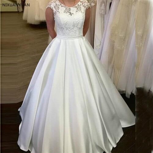 Lace Wedding Dresses Scoop Neck A Line White Ivory Elegant Floor Length Bridal Gowns Zipper Back Robe De Mariee Cap Sleeves