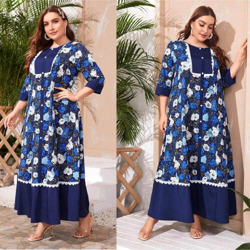 Muslim Women Long Dress Plus Size Floral Printed Ethnic Vintage Loose Arab Jilbab Thobe Ramadan Eid Islamic Casual Abaya Turkish