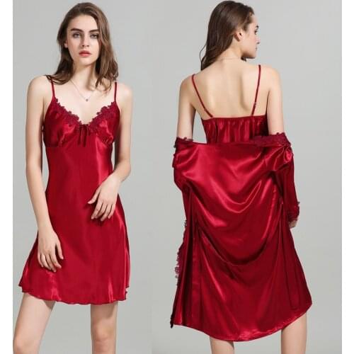 2019 New 2 PCS Women Pajamas Sets Sexy Pyjama Satin Lace Embroider Nightwear Silk Negligee Sleepwear Pyjama Wedding Robe