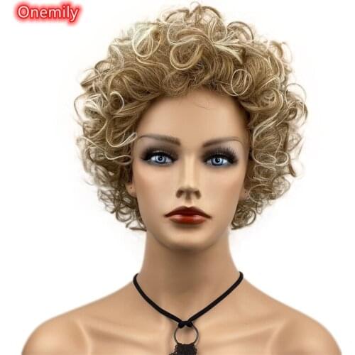 Onemily Short Blonde Curly Women Synthetic Wigs Smooth Highlight Natural Hair Wig