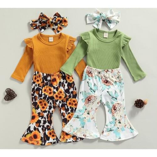 3pcs Autumn Baby Girls Clothes Sets Solid Long Sleeve Romper Tops Floral Flare Pants Headband 0-18M