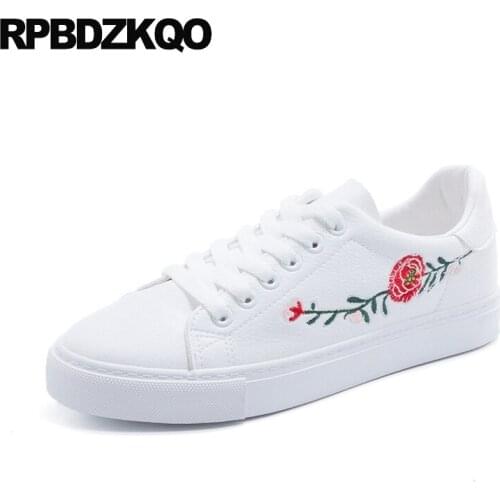 Printed Ladies Flower White Walking Round Toe Floral Lace Up Cheap Shoes China Flats Spring Autumn Latest Beautiful European