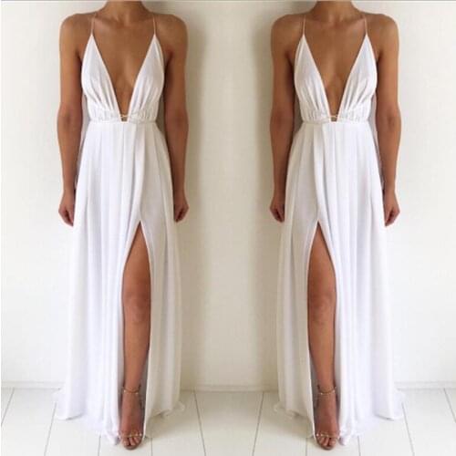 Sleeveless Spaghetti Strap Backless Summer Maxi Dress Women Solid Sexy Deep V-Neck High Split Long Sundress Vestidos beach boho