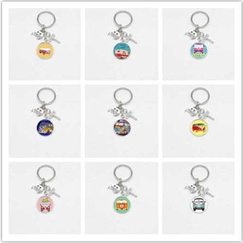 Happy camping cute car travel camper road sign glass cabochon keychain traveler keychain charm DIY jewelry wholesale