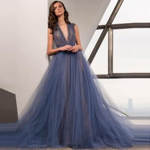 Light Purple Simple Casual Women Dress Deep V-Neck Tulle Floor Length A-Line Eveningd Dress Sleeveless Prom Dress Custom Made