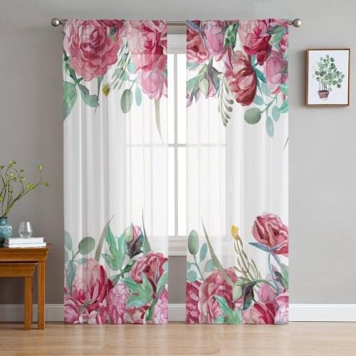 Peony Flowers Pink Watercolor Tulle Curtain For Living Room Bedroom Modern Sheer Curtains Decorative Window Treatment