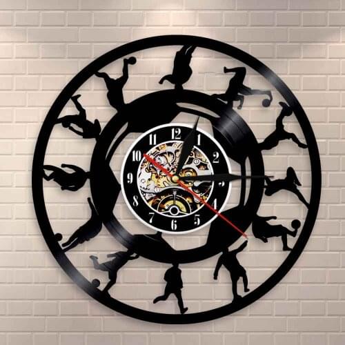 Silhouette Vinyl Record Wall Clock Vintage Football Players Soccer Kicking Ball LP Clock Watch Soccer Sports Wall Art Decoration
