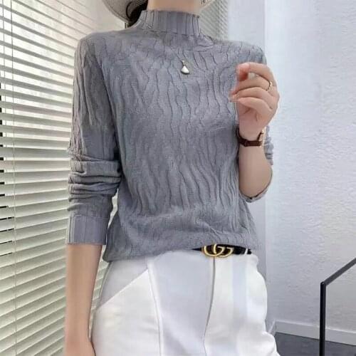 Vintage Mock Neck long sleeve Knitted Pullover Solid color Pleated plus size Slim Sweater Spring Korean styleThin Knitting tops