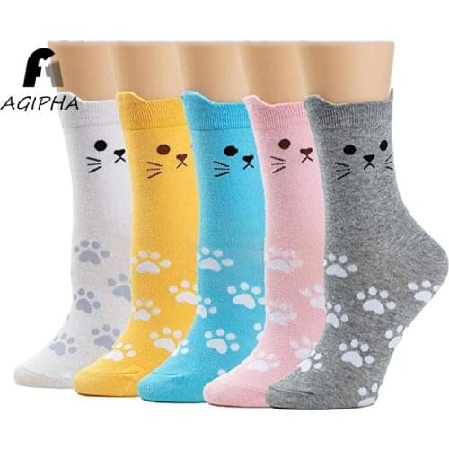 Funny Socks for Women Cotton Casual Solid Color Cartoon Cute Cat Paws Patterned Short Sock 5 Pairs/Lot Brand New