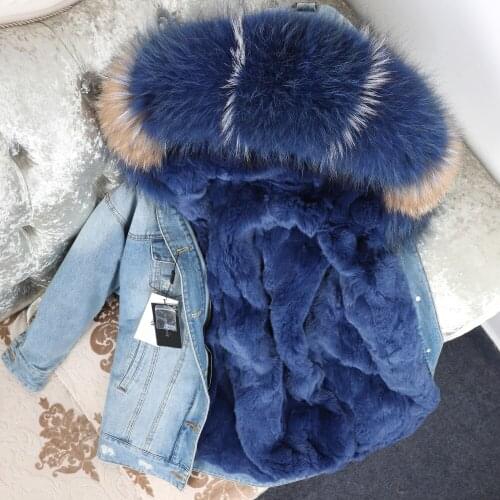 MENINA BONITA 2021 Winter Jacket Women Real Fur Coat Parka Real raccoon collar Rex Rabbit striped bomber Denim jacket Streetwear