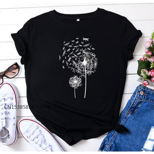XS-4XL Soft Premium T-Shirt New Dandelion Print T Shirt Women TShirt Female Crew Neck Short Sleeve Tees Women Shirts Tops