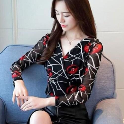 Women Spring Autumn Style V-Neck Lace Blouses Shirts Lady Casual Long Sleeve Flower Printed Lace Blusas Tops DD8060