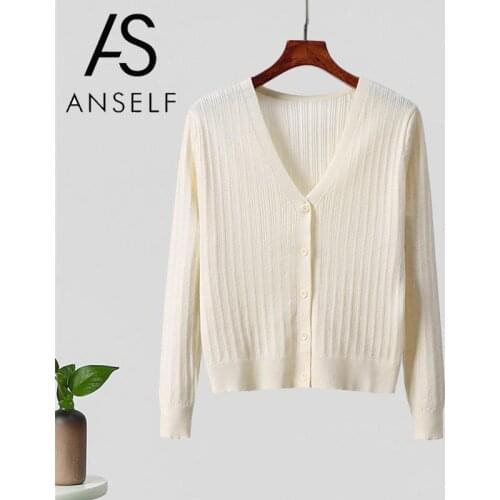 ANSELF Long Sleeves Ribbed Sweater Women Knitted Cardigan Coat Solid Buttoned Front V Neck Autumn Spring Sweater Knitting Tunics