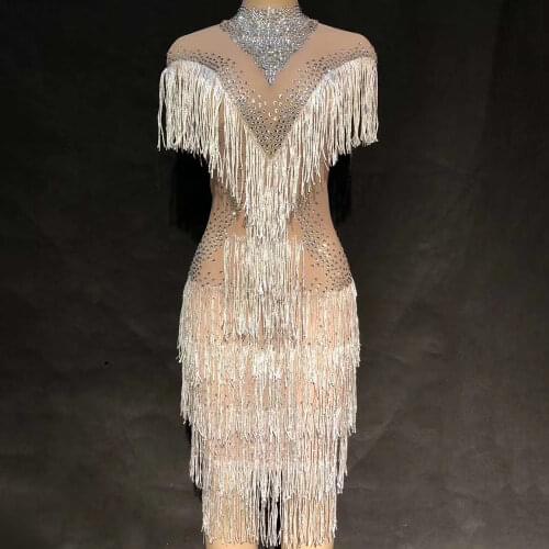 Sparkling Diamonds Women Dresses White Tassel Perspective Dresses Evening Prom Bar Nightclub Costumes Singer Dancing Stage Wear