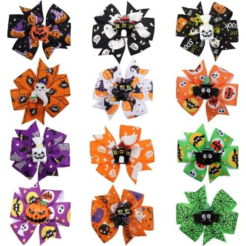 12pcs Halloween Baby Girl Hair Clips Hairpin Bow Pumpkin Skull Hair Clips Colorful Barrettes Accesorios Kids Headwear
