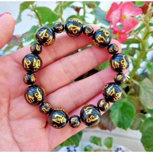 14mm Lucky Mala Bead Prayer Rosary Bangle The Six Syllable Mantra Bracelet Black Chalcedony