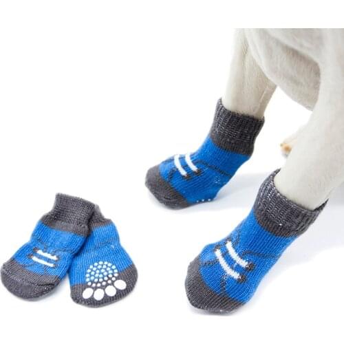 4pcs/Set Cute Puppy Dog Knit Fake Shoelace Socks Small Dogs Cotton Anti-Slip Cat Shoes Autumn Winter Indoor Wear Paw Protector