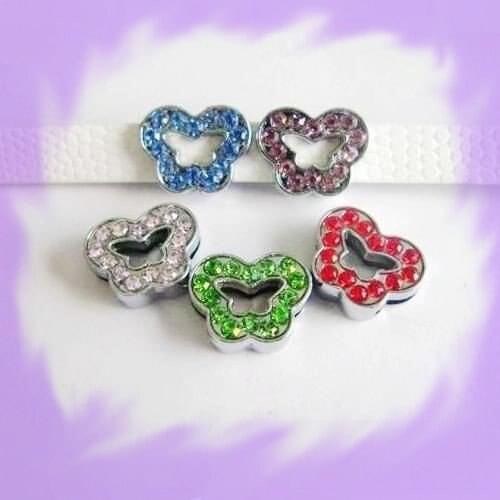 50pcs Mix color 8mm zinc alloy and full colorfull Rhinestone Butterfly slide DIY charms can through 8mm belt keychain wristband