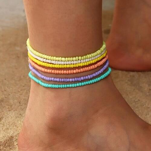 6Pcs/Set Rainbow Colorful Seed Beads Chains Anklet Bracelets Adjustable Anklets Barefoot Sandals On Foot Summer Beach Jewelry