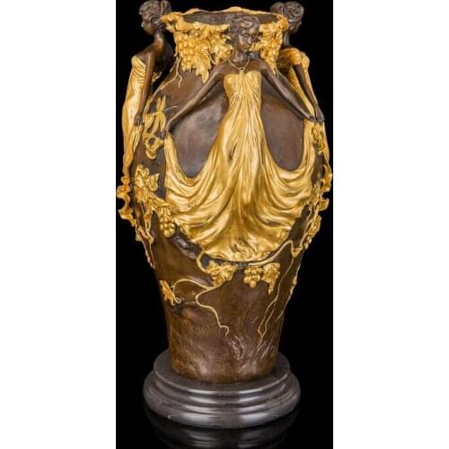 39 CM Western Art Deco Bronze Women Girl fairy maiden Grape Sculpture Vases Pots