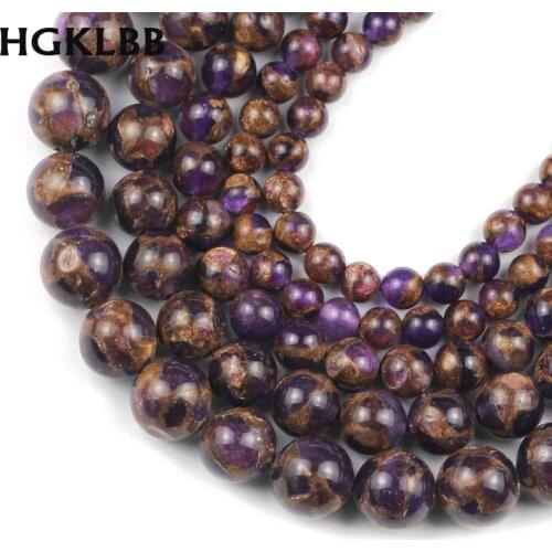 HGKLBB Natural Purple Gold Cloisonne Stone 6/8/10/12MM Round Spacer Beads For Jewelry Making DIY Bracelet Ear Studs Accessories