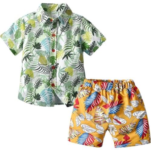 2 Pieces Kids Suit Set, Boys Leaf Print Turn-Down Collar Short Sleeve Shirt+ Beach Shorts for Summer