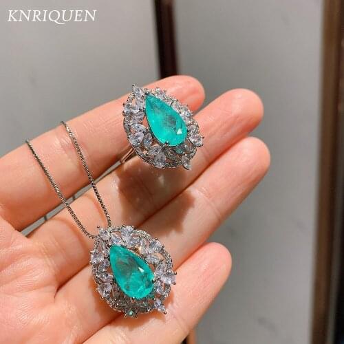 925 Sterling Silver Blue Paraiba Tourmaline Stone Aquamarine Lab Diamonds Ring Pendant Necklace Wedding Jewelry Sets for Female