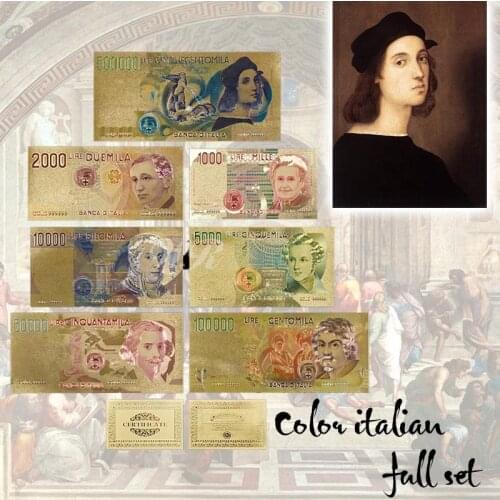 Nice Colorful Italy Lira Banknote Set 7pcs Full Set Metal Gold Foil Banknote Italian Currency Souvenir For Decoration