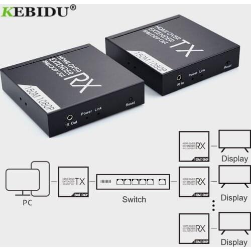 KEBIDU KVM Extender 150M Over IP Support IR Network HDMI-compatible KVM Extender USB Over UTP/STP RJ45 KVM Extender CAT5 CAT6